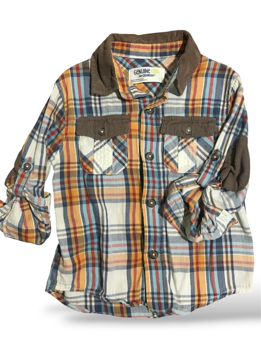 Boys Plaid Button Up with Brown Corduroy
